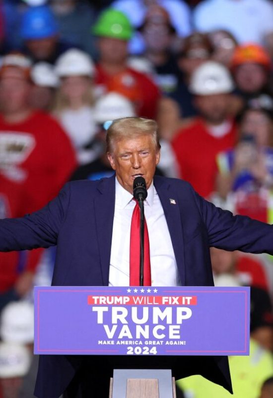 Former US President and Republican presidential candidate Donald Trump speaks during a campaign rally at PPG Paints Arena in Pittsburgh, Pennsylvania on November 4, 2024. (Photo by CHARLY TRIBALLEAU / AFP) (Photo by CHARLY TRIBALLEAU/AFP via Getty Images)